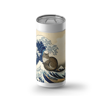 The Great Wave Kitty of Catagawa wrap on a white ceramic Wrapware tumbler