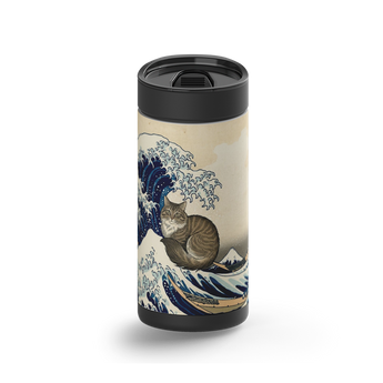 The Great Wave Kitty of Catagawa wrap on a black ceramic Wrapware tumbler
