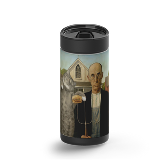 Americat Gothic wrap on a black ceramic Wrapware tumbler