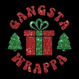 Gangsta Wrappa II wrap artwork with red lettering, a gift and green Christmas trees on black.