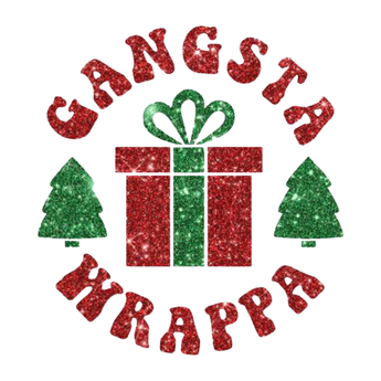 Gangsta Wrappa wrap artwork with red lettering, a gift and green Christmas trees on white.