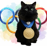 Gold Medal Kitty example artwork with a black cat wearing a gold medal in front of colored rings.
