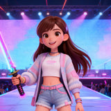 KPop Hunter example artwork with an animated character holding a glowing pink sword at a concert.