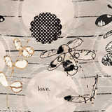 Love wrap artwork with black botanical line drawings and the word love on a pale textured background.