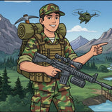 Joe Military Hero example artwork with a cartoon soldier holding a rifle in a mountain landscape.