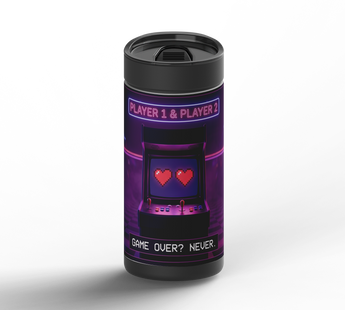 Love Is an Arcade wrap on black ceramic tumbler