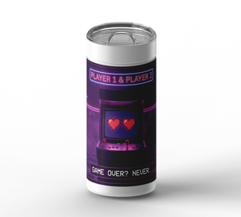Love Is an Arcade wrap on white ceramic tumbler