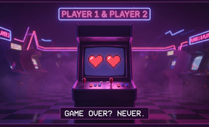 Love Is an Arcade wrap — neon cabinet, Player 1 & Player 2