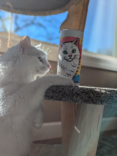 Felicia's cat beside its pop-art tumbler — 5-star review photo