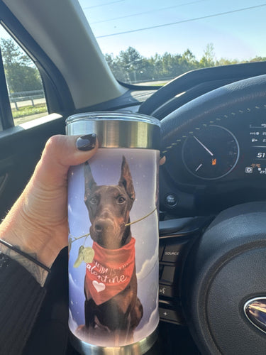 Paula holding her custom tumbler in the car — 5-star review photo
