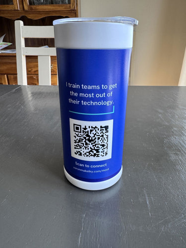 Aaron's custom tumbler with his business card design and QR code