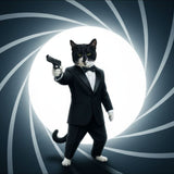 Double O Pets example artwork with a tuxedo-wearing cat holding a pistol inside a spiral backdrop.
