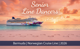 Senior Line Dancers Bermuda 2026 wrap — sunset with cruise ship and dance-step footprints