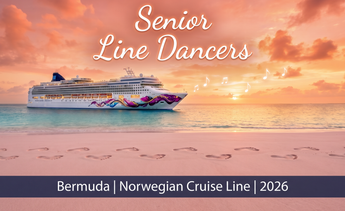 Senior Line Dancers Bermuda 2026 wrap — sunset with cruise ship and dance-step footprints