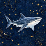 Starry Great White wrap artwork, a watercolor great white shark on a navy night sky with gold stars and constellations