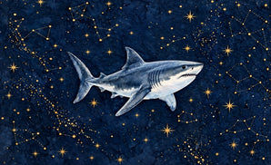 Starry Great White wrap artwork, a watercolor great white shark on a navy night sky with gold stars and constellations
