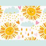 Whimsical Sunshine & Clouds wrap artwork with smiling yellow suns, pale blue clouds and pink hearts.