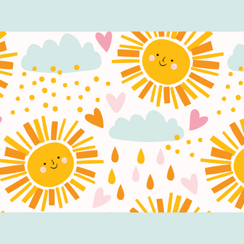 Whimsical Sunshine & Clouds wrap artwork with smiling yellow suns, pale blue clouds and pink hearts.