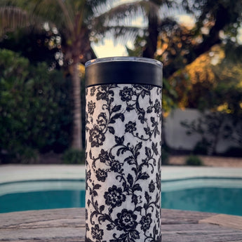 Black Lace wrap on a black ceramic Wrapware tumbler, poolside