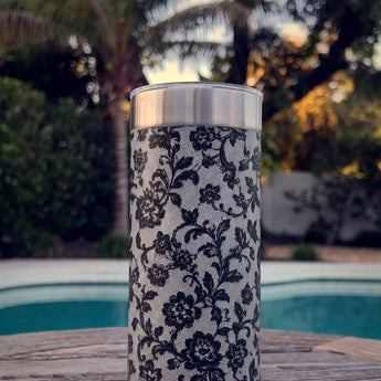 Black Lace wrap on a stainless Wrapware tumbler, poolside