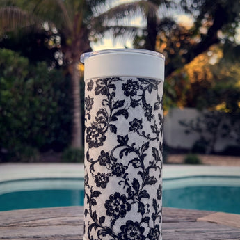 Black Lace wrap on a white ceramic Wrapware tumbler, poolside