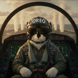 Top Flight example artwork with a cat wearing an OREO flight helmet in a cockpit on an aircraft carrier.