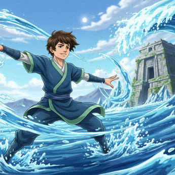 Element Hero example artwork with an animated character directing swirling blue water near stone ruins.
