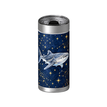 Starry Whale Shark wrap on a brushed stainless Wrapware tumbler