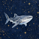 Starry Whale Shark wrap artwork, a watercolor whale shark on a navy night sky with gold stars and constellations