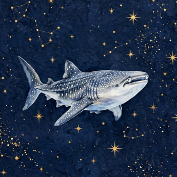 Starry Whale Shark wrap artwork, a watercolor whale shark on a navy night sky with gold stars and constellations