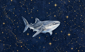 Starry Whale Shark wrap artwork, a watercolor whale shark on a navy night sky with gold stars and constellations
