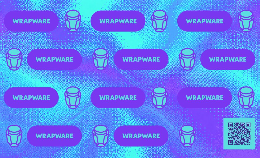 Second digital design: repeating Wrapware logos and cup icons, with a QR code in the lower-right corner.