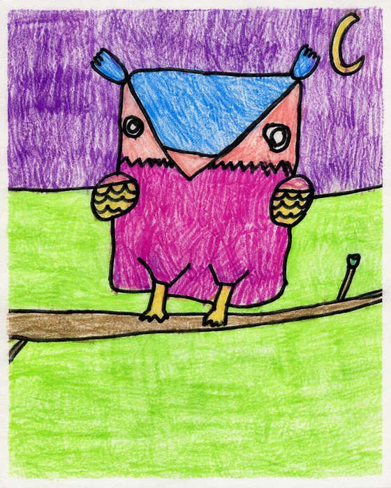 A child’s owl drawing laid flat: purple sky, crescent moon, a pink owl on a branch and green ground.