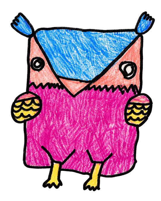 The owl on its own, lifted out of the drawing with its wobbly outlines and pencil texture intact.