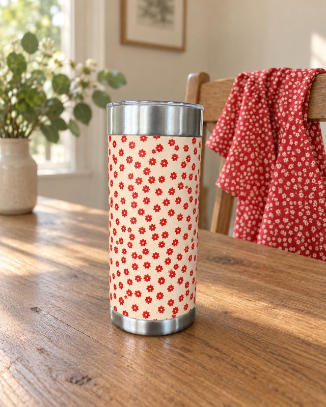 A cream Wrapware tumbler with tiny red flowers on a wooden table, with the matching red blouse draped over the chair behind it.
