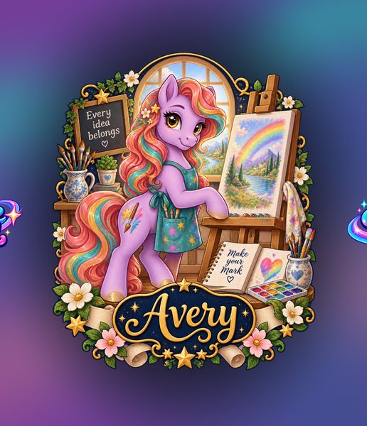 Close-up of Avery, a purple art teacher pony with rainbow hair, an easel and a personalized name plaque.